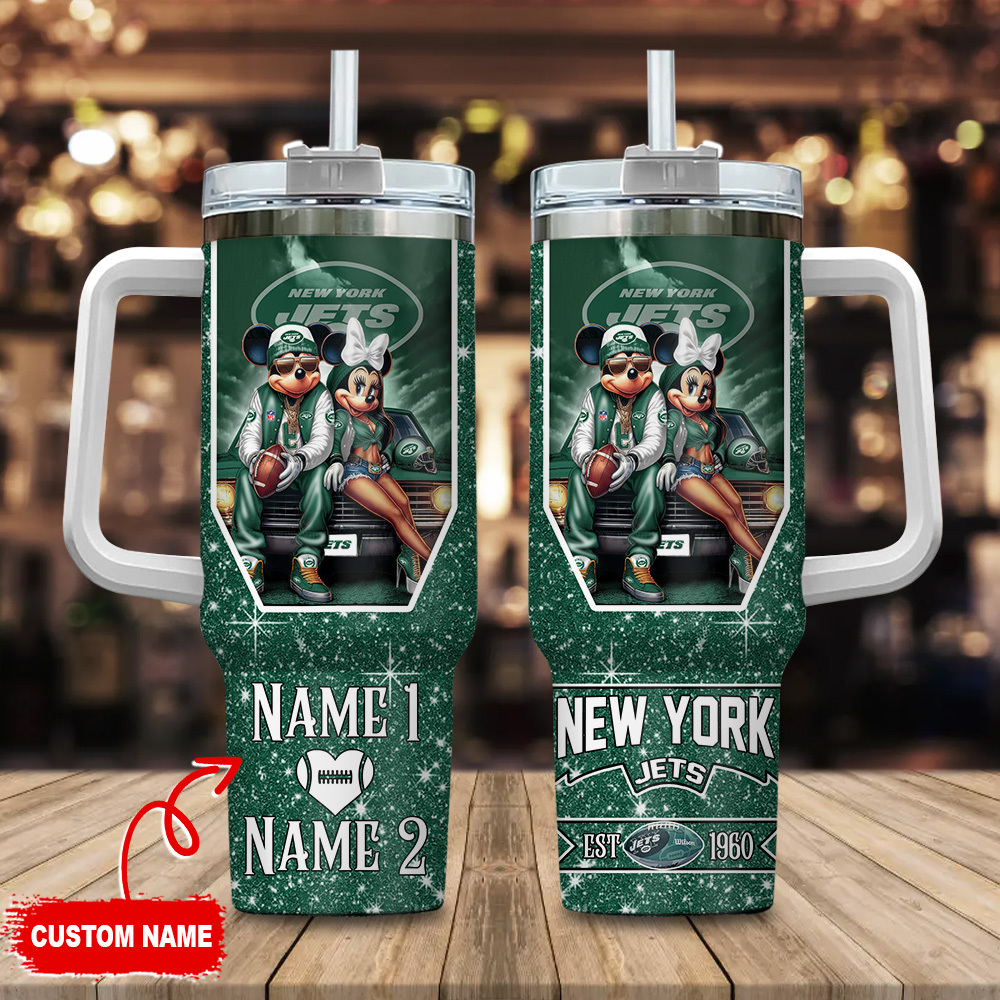 New York Jets NFL Mickey And Minnie Couple Custom Stanley Quencher 40oz Stainless Steel Tumbler With Handle