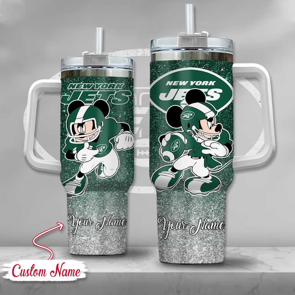 New York Jets NFL Mickey Mouse Glitter Custom Stanley Quencher 40oz Stainless Steel Tumbler With Handle