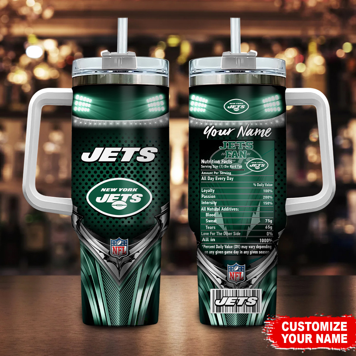 New York Jets NFL Nutrition Facts Custom Stanley Quencher 40oz Stainless Steel Tumbler With Handle