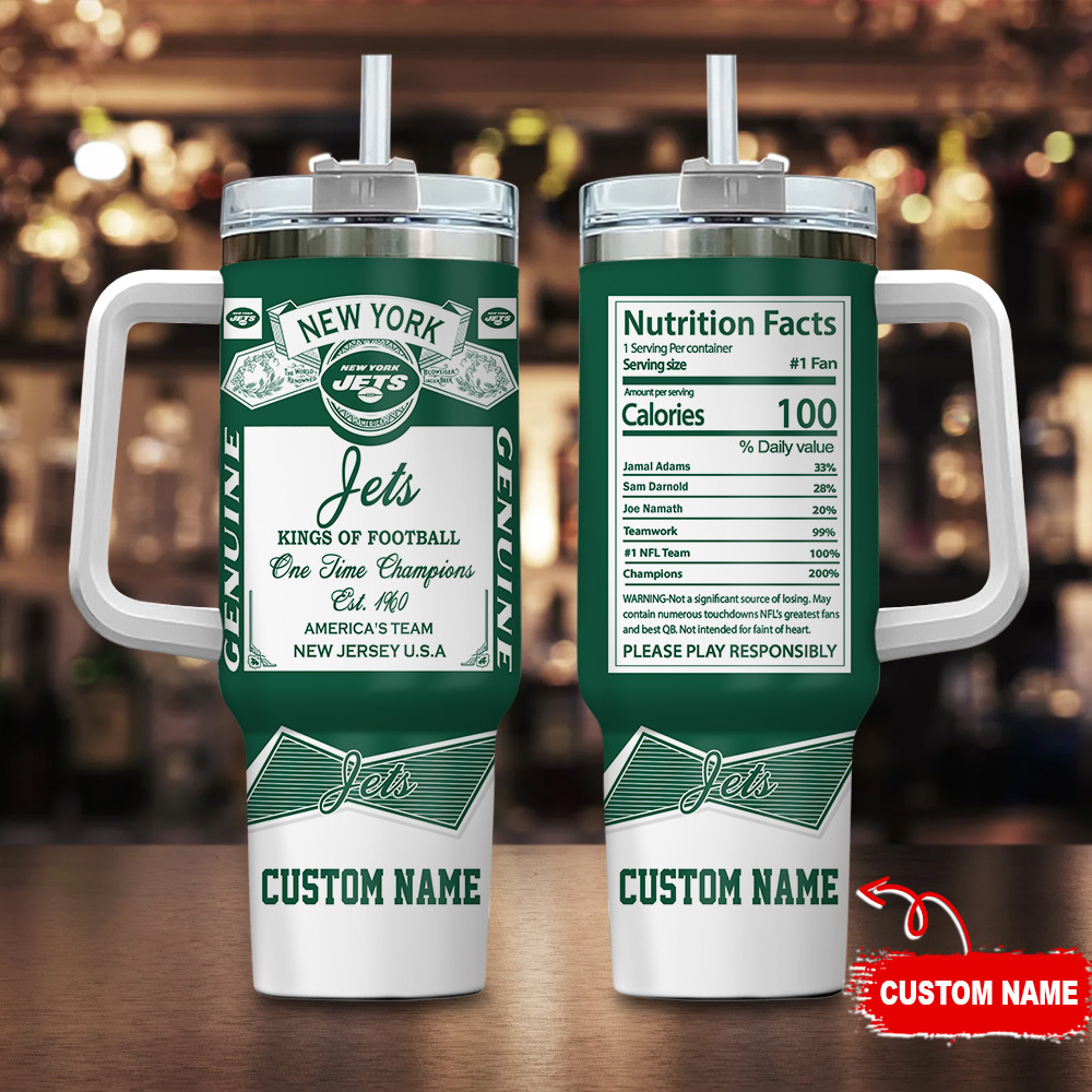 New York Jets NFL Nutrition Facts Custom Stanley Quencher 40oz Stainless Steel Tumbler With Handle