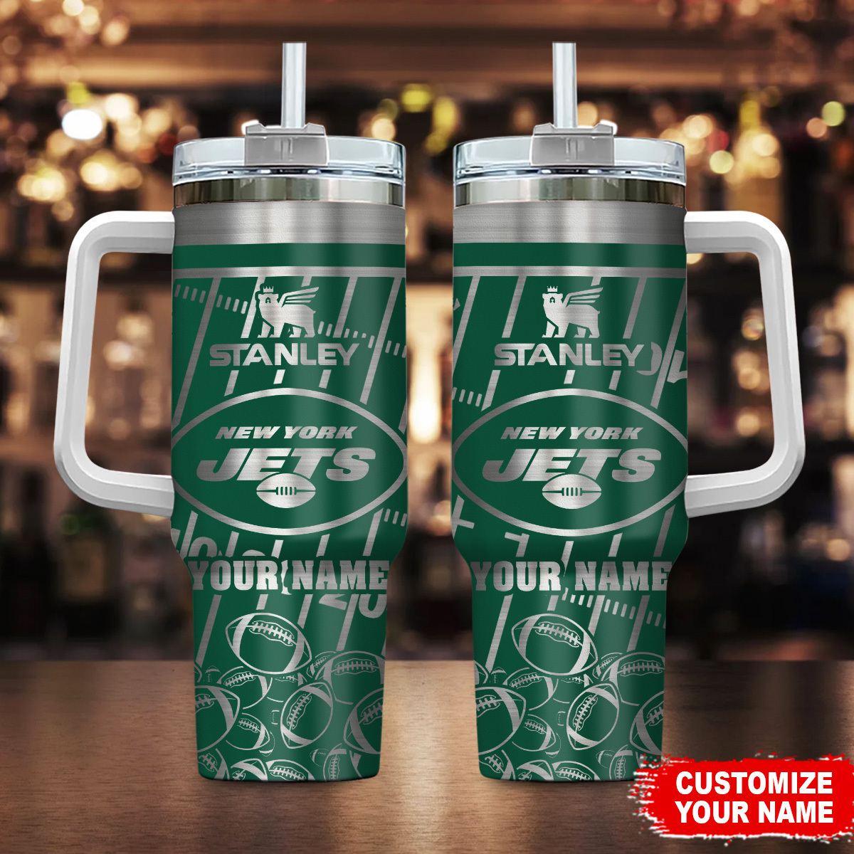 New York Jets NFL Silver Custom Stanley Quencher 40oz Stainless Steel Tumbler With Handle