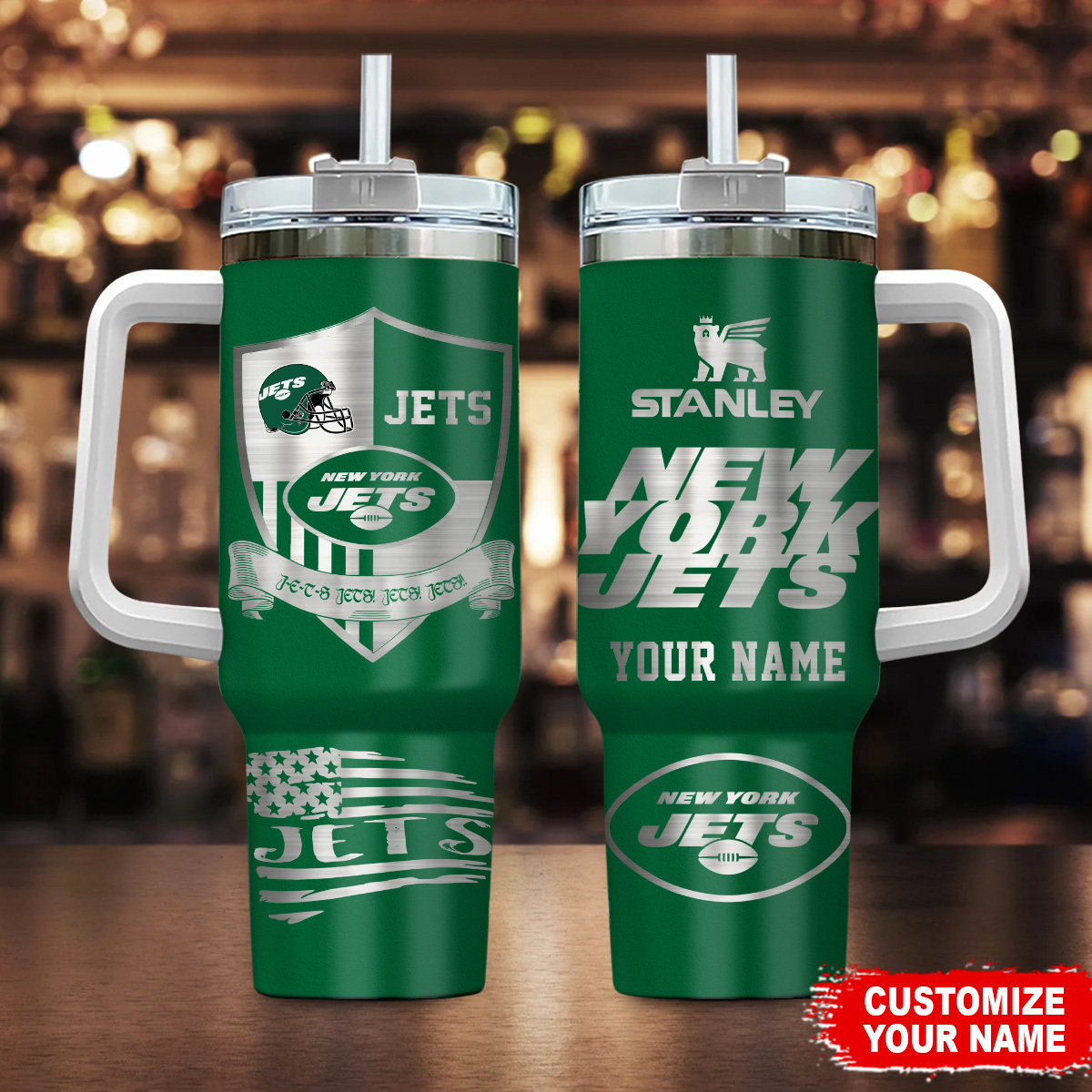 New York Jets NFL Silver Logo Custom Stanley Quencher 40oz Stainless Steel Tumbler With Handle