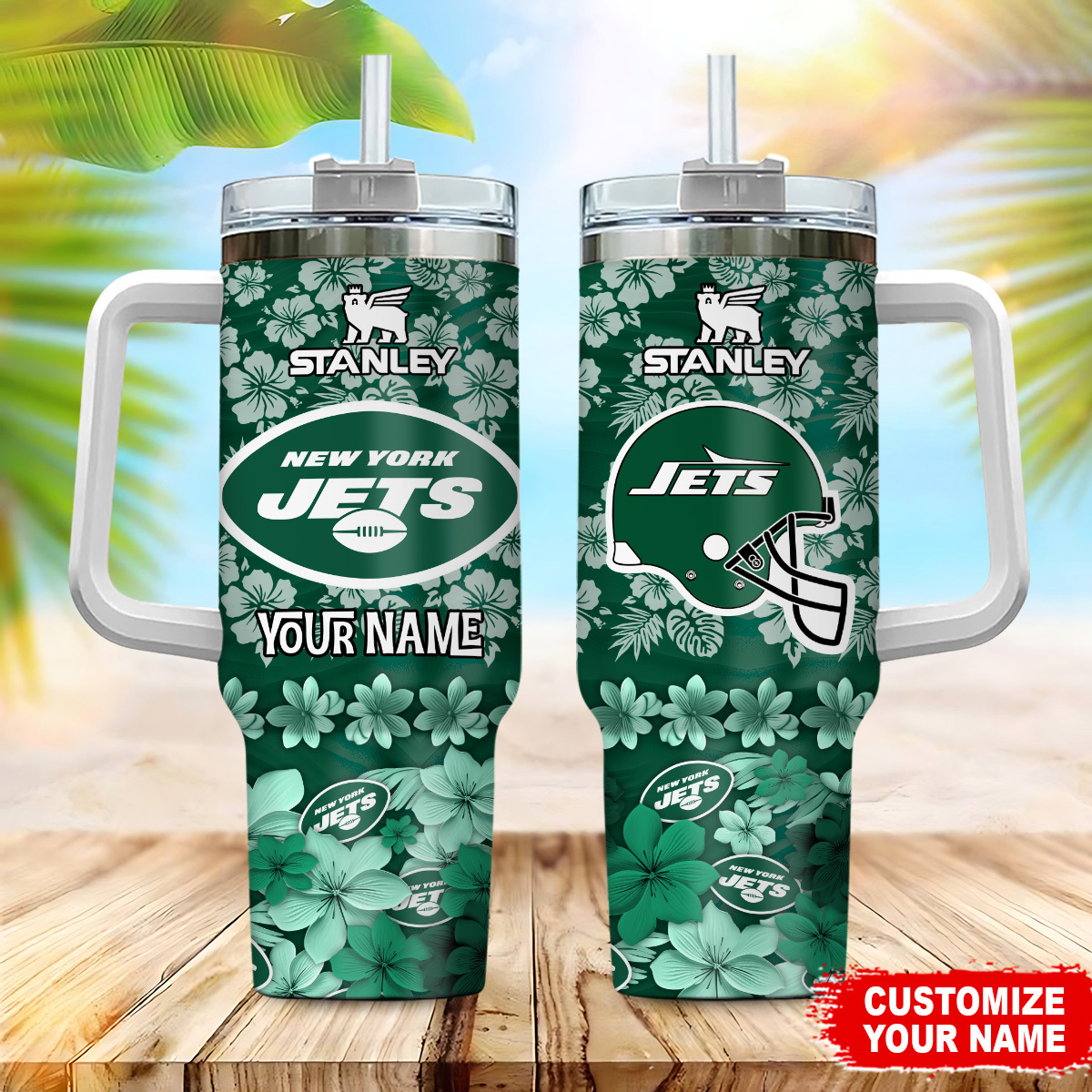 New York Jets NFL Tropical Floral Custom Stanley Quencher 40oz Stainless Steel Tumbler With Handle