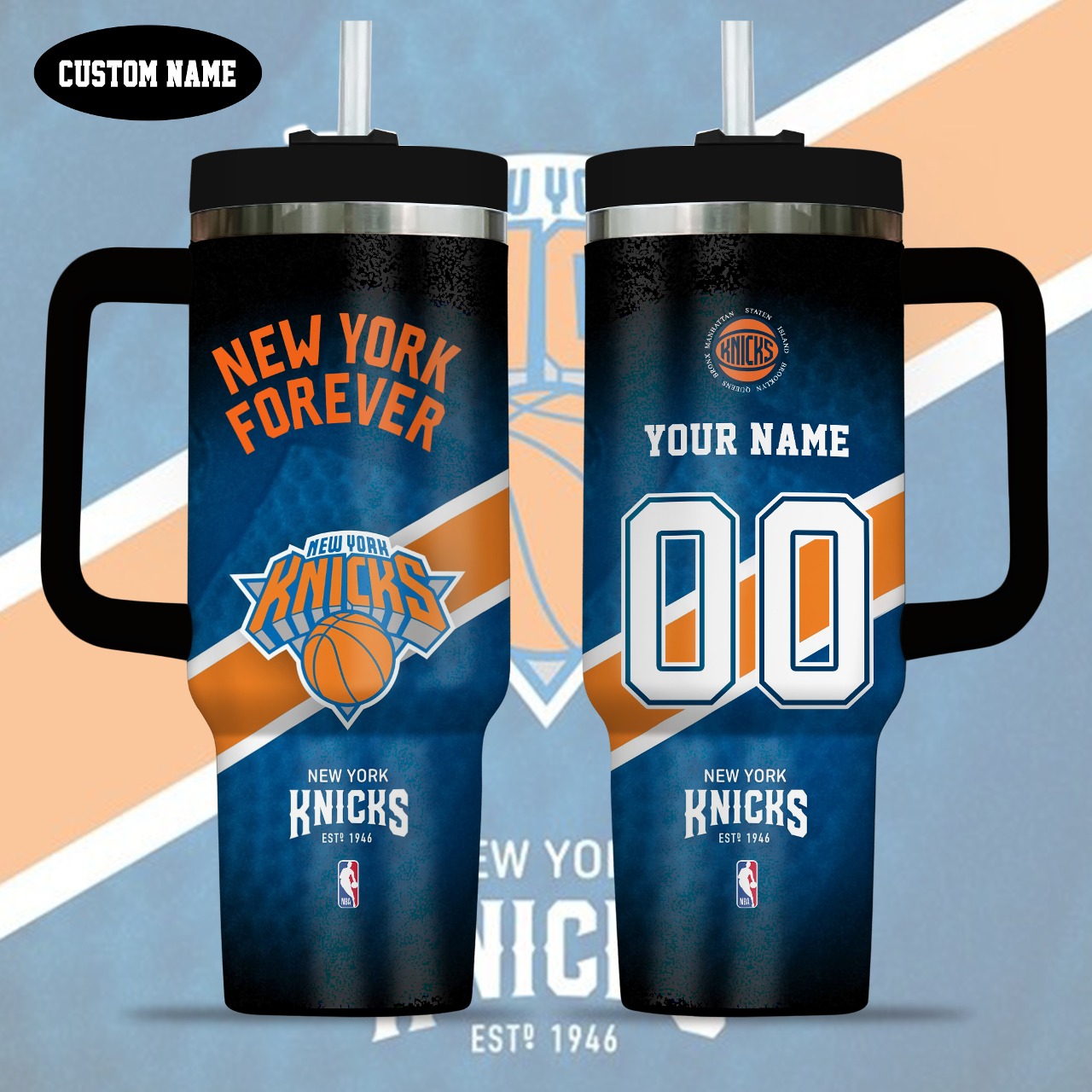 New York Knicks NBA Custom Stanley Quencher 40oz Stainless Steel Tumbler With Handle