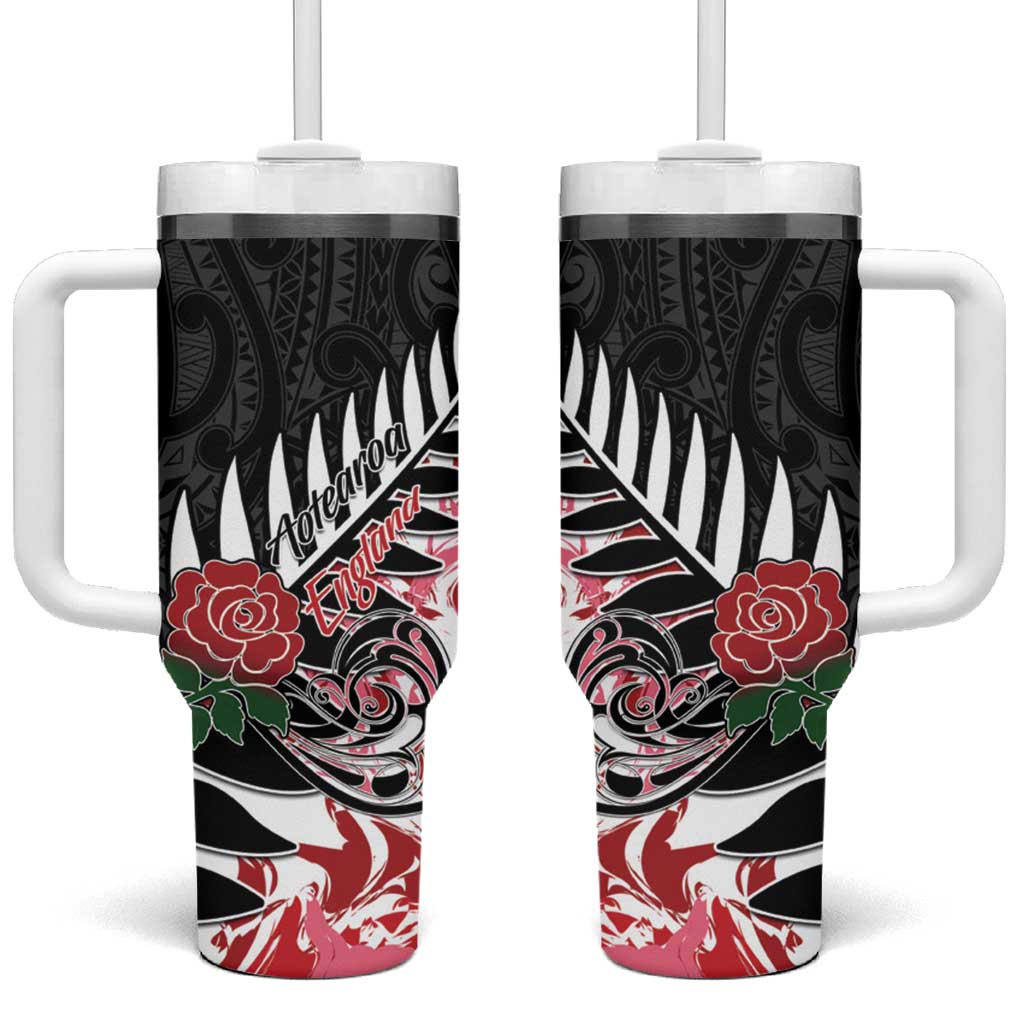 New Zealand and England Rugby Silver Fern With Red Rose Custom Stanley Quencher 40oz Stainless Steel Tumbler With Handle