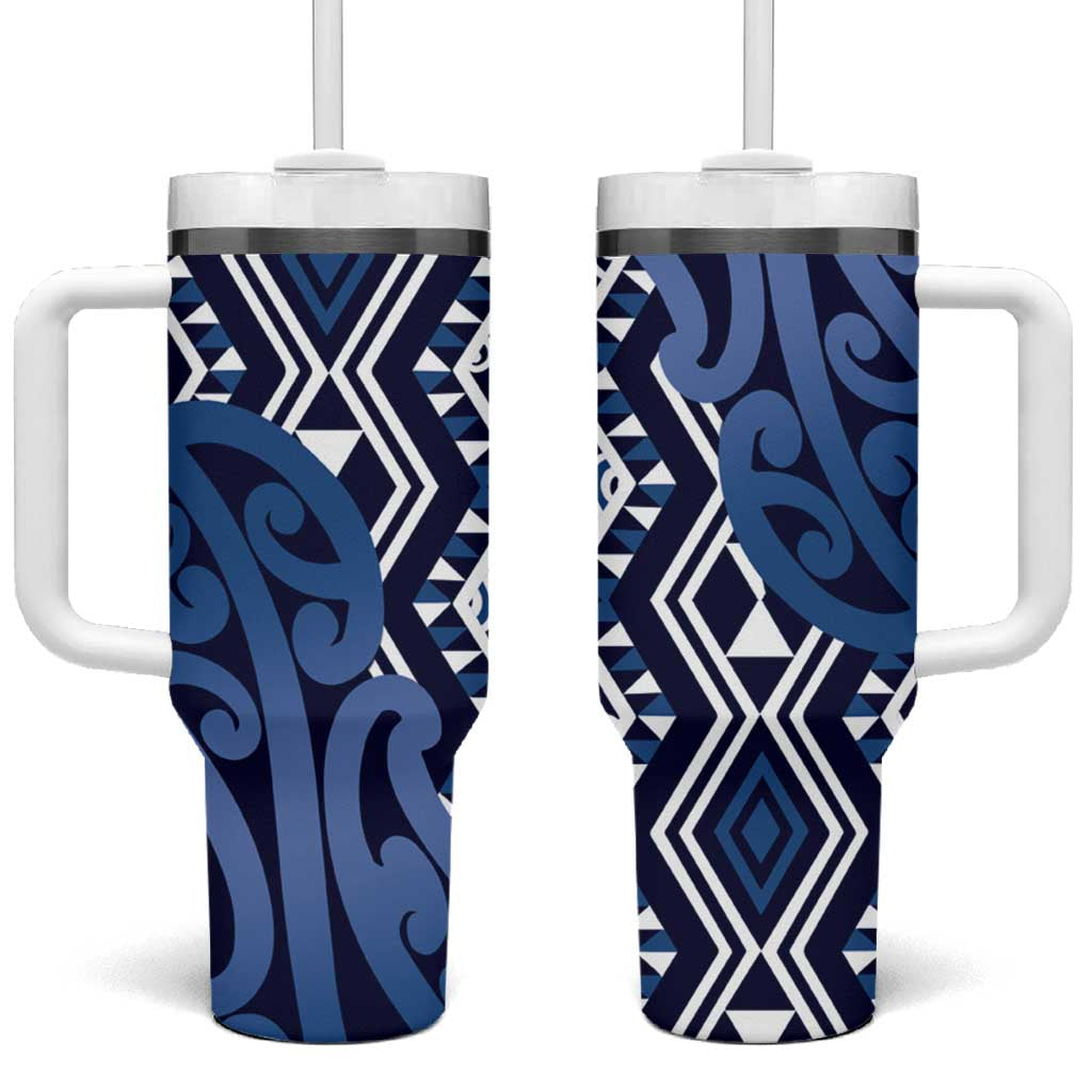 New Zealand Aotearoa Kowhaiwhai Mix Taniko Art Blue Custom Stanley Quencher 40oz Stainless Steel Tumbler With Handle