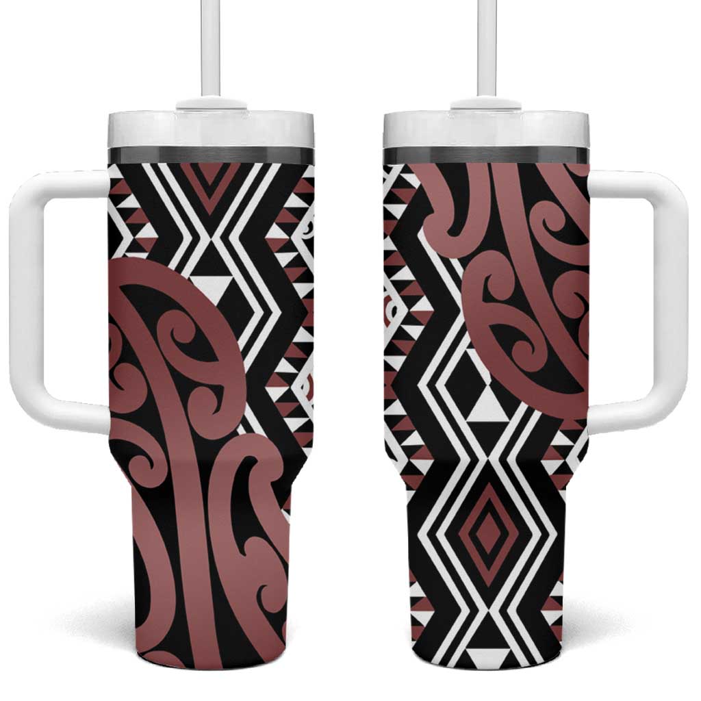 New Zealand Aotearoa Kowhaiwhai Mix Taniko Art Brown Custom Stanley Quencher 40oz Stainless Steel Tumbler With Handle