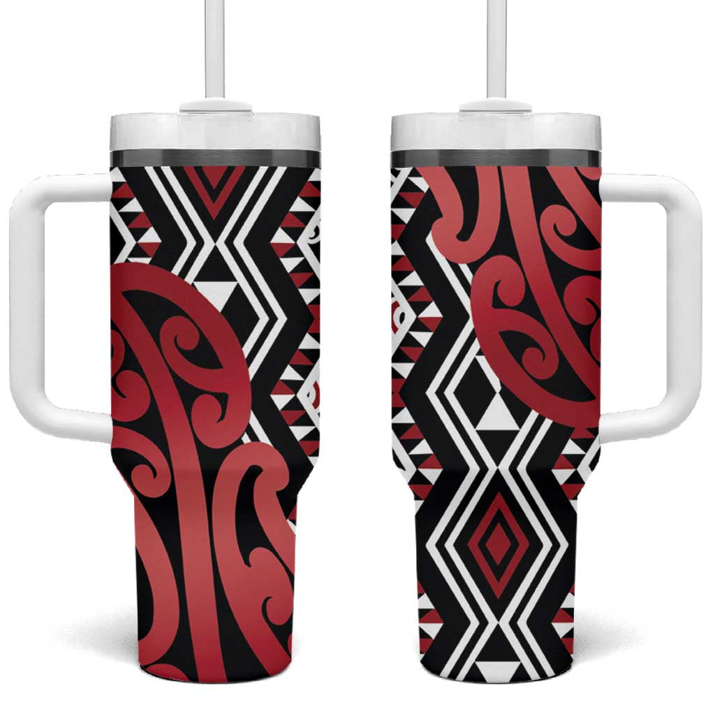 New Zealand Aotearoa Kowhaiwhai Mix Taniko Art Red Custom Stanley Quencher 40oz Stainless Steel Tumbler With Handle