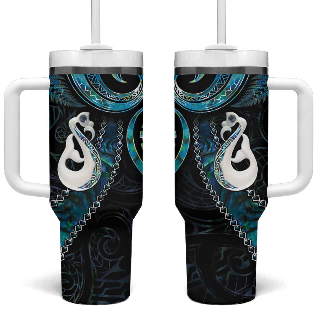 New Zealand Aotearoa Maori Manaia Paua Shell Glitter Turquoise Custom Stanley Quencher 40oz Stainless Steel Tumbler With Handle