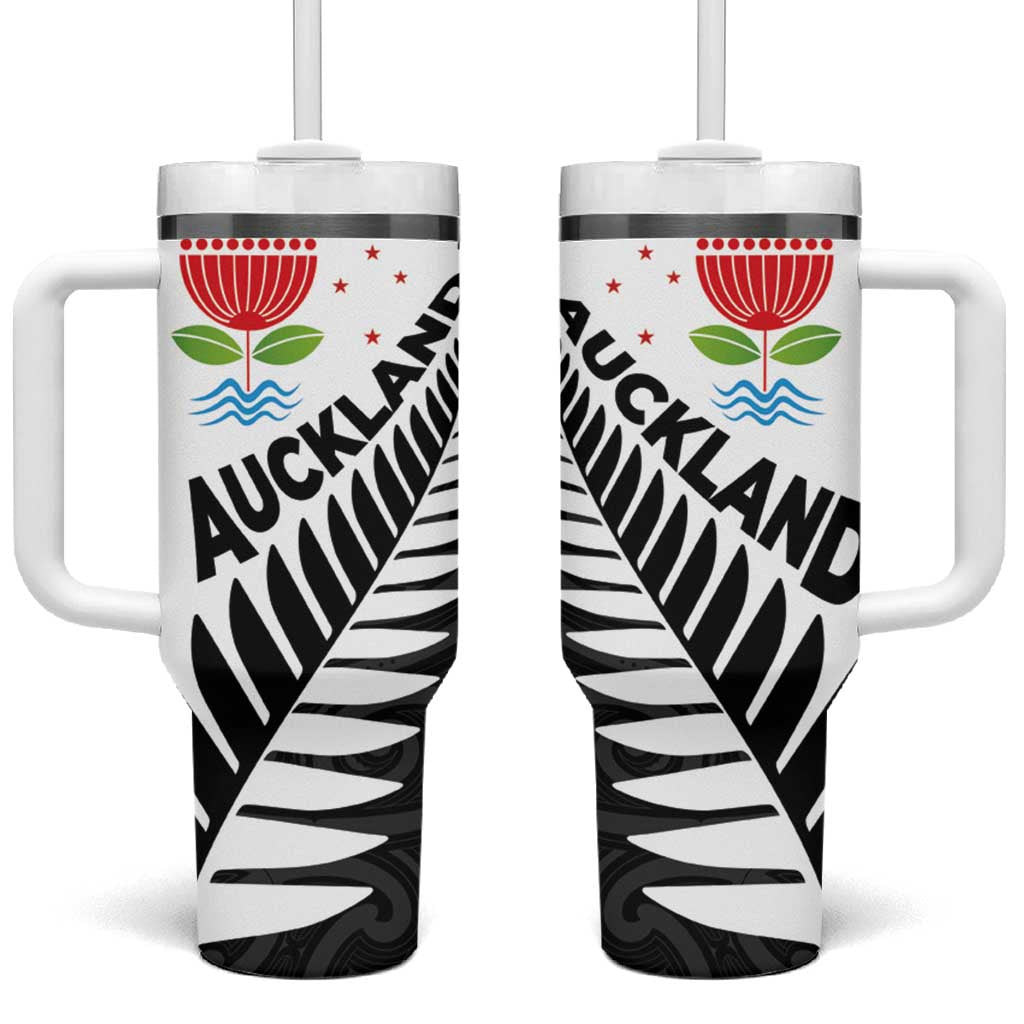 New Zealand Auckland Auckland's Emblem and Silver Ferns Maori Art Tattoo Custom Stanley Quencher 40oz Stainless Steel Tumbler With Handle