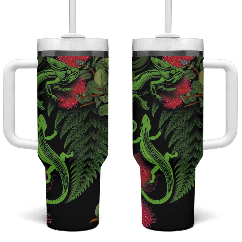 New Zealand Chameleon and Gecko Maori Silver Fern and Pohutukawa Decoration Custom Stanley Quencher 40oz Stainless Steel Tumbler With Handle