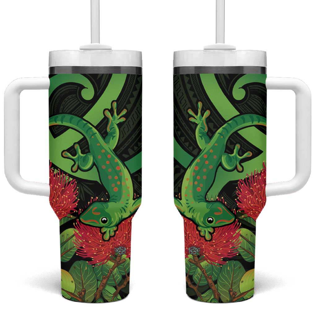 New Zealand Gecko Aotearoa Maori With Pohutukawa Flowers Custom Stanley Quencher 40oz Stainless Steel Tumbler With Handle