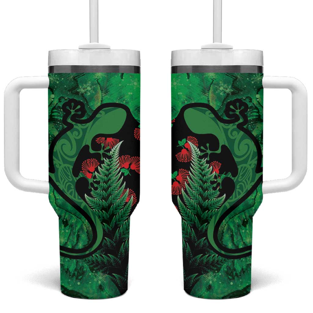 New Zealand Gecko Christmas Meri Kirihimete Paua Shell Mix Pohutukawa Custom Stanley Quencher 40oz Stainless Steel Tumbler With Handle