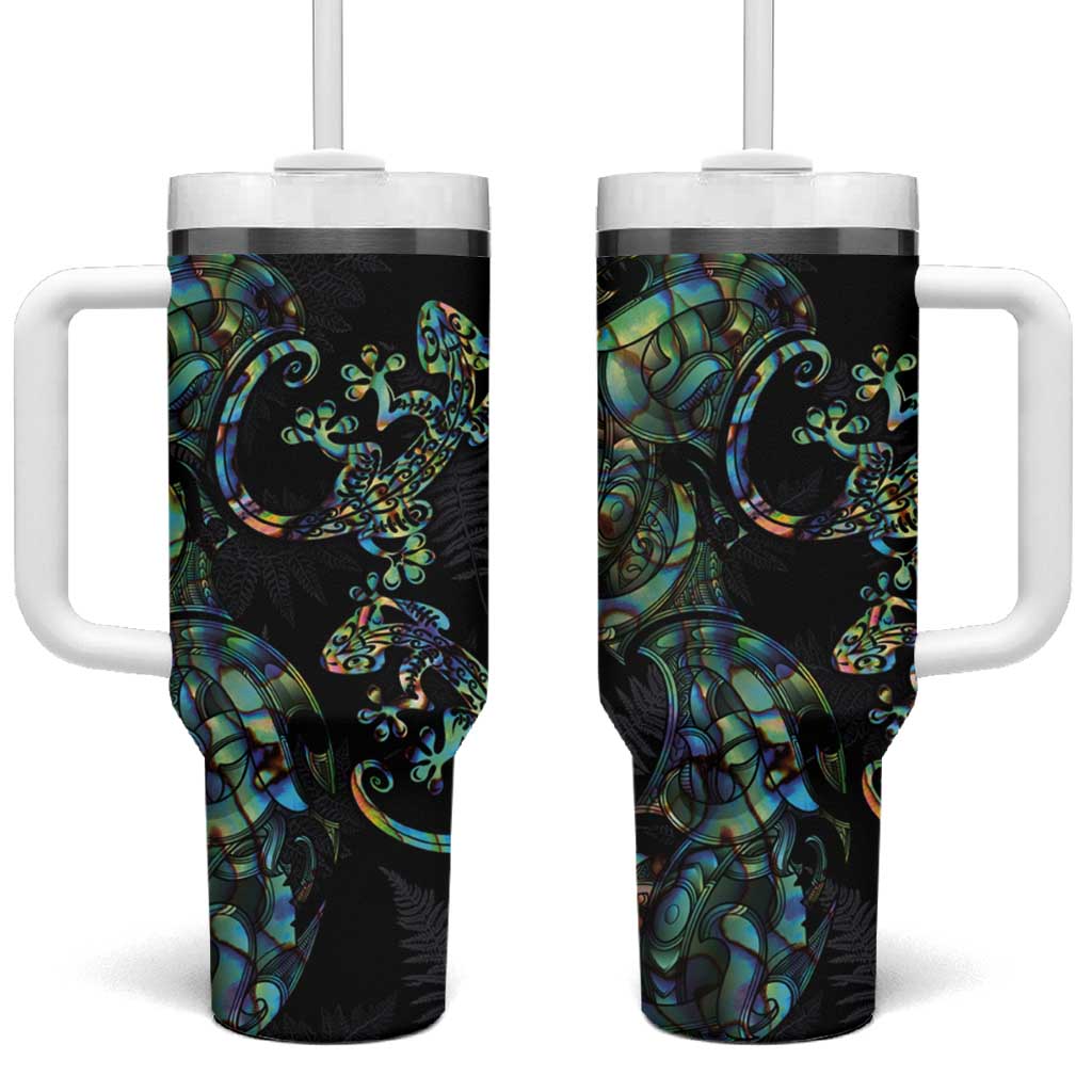 New Zealand Gecko Maori Art Tattoo Paua Shell Mode with Silver Fern Custom Stanley Quencher 40oz Stainless Steel Tumbler With Handle