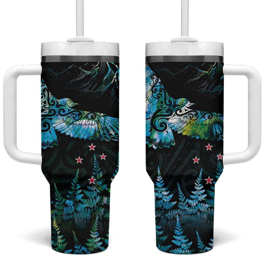 New Zealand Kea Bird Maori Tattoo and Silver Fern Paua Shell Custom Stanley Quencher 40oz Stainless Steel Tumbler With Handle