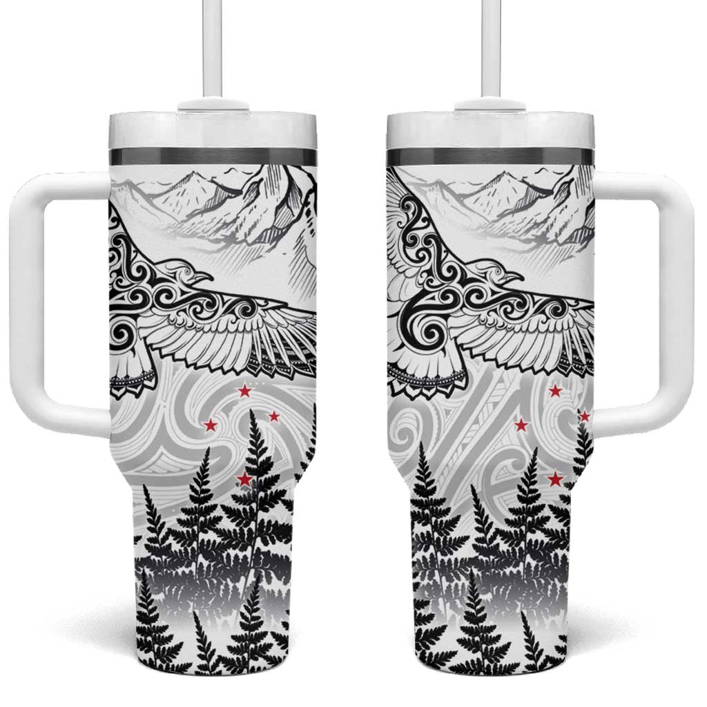 New Zealand Kea Bird Maori Tattoo and Silver Fern White Color Custom Stanley Quencher 40oz Stainless Steel Tumbler With Handle