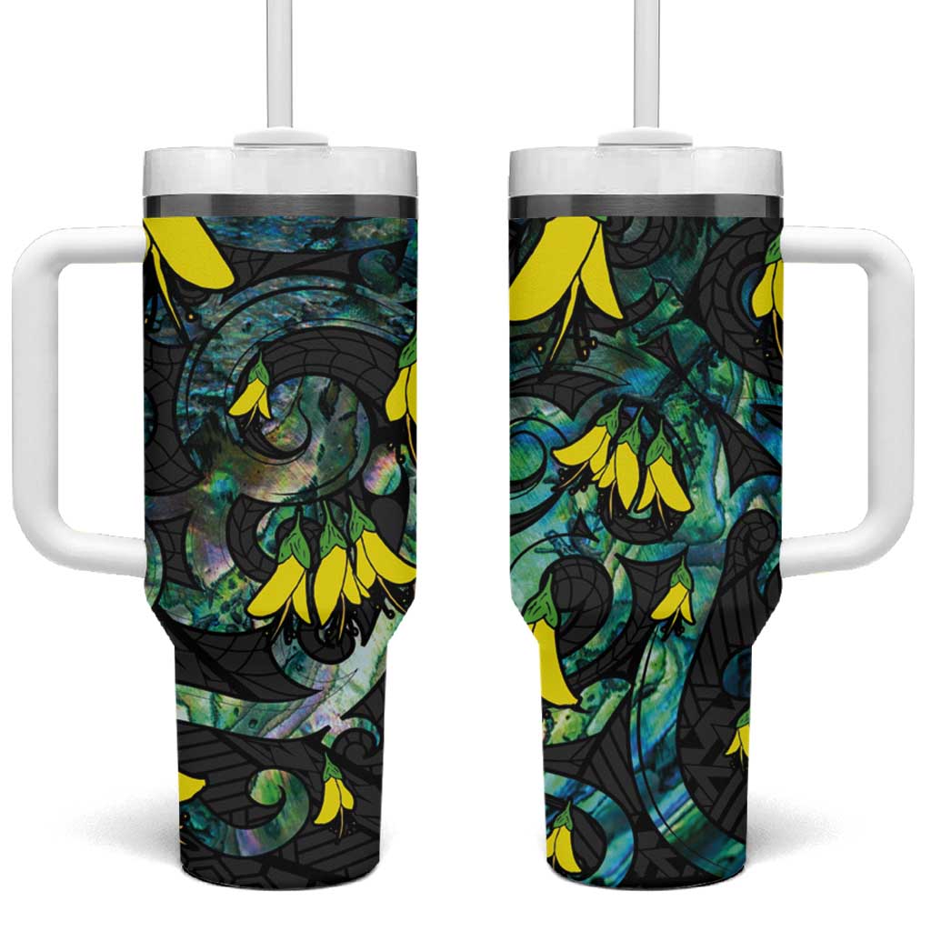 New Zealand Kowhai Flowers Maori Koru With Paua Shell Custom Stanley Quencher 40oz Stainless Steel Tumbler With Handle