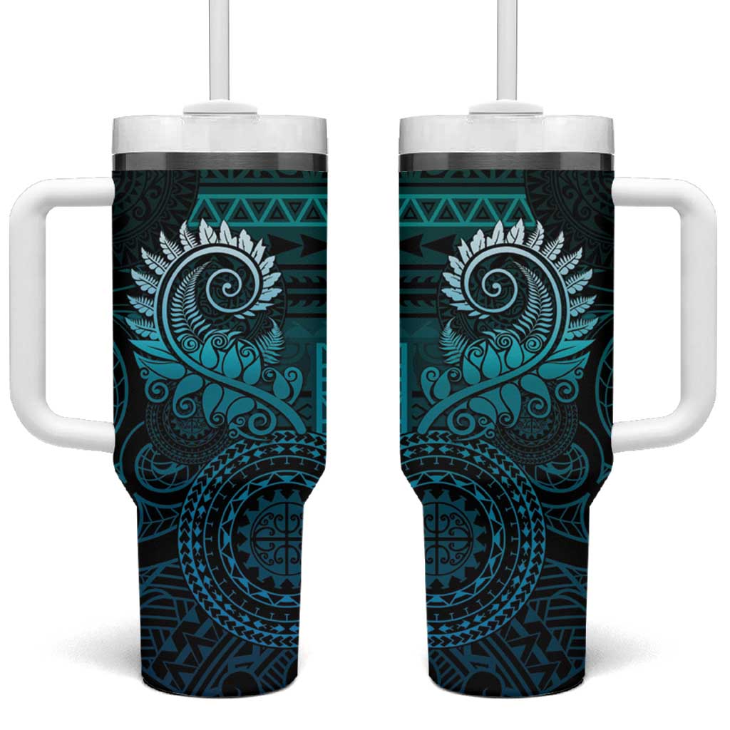 New Zealand Maori Koru Fern Spiral Polynesian Aqua Gradient Custom Stanley Quencher 40oz Stainless Steel Tumbler With Handle