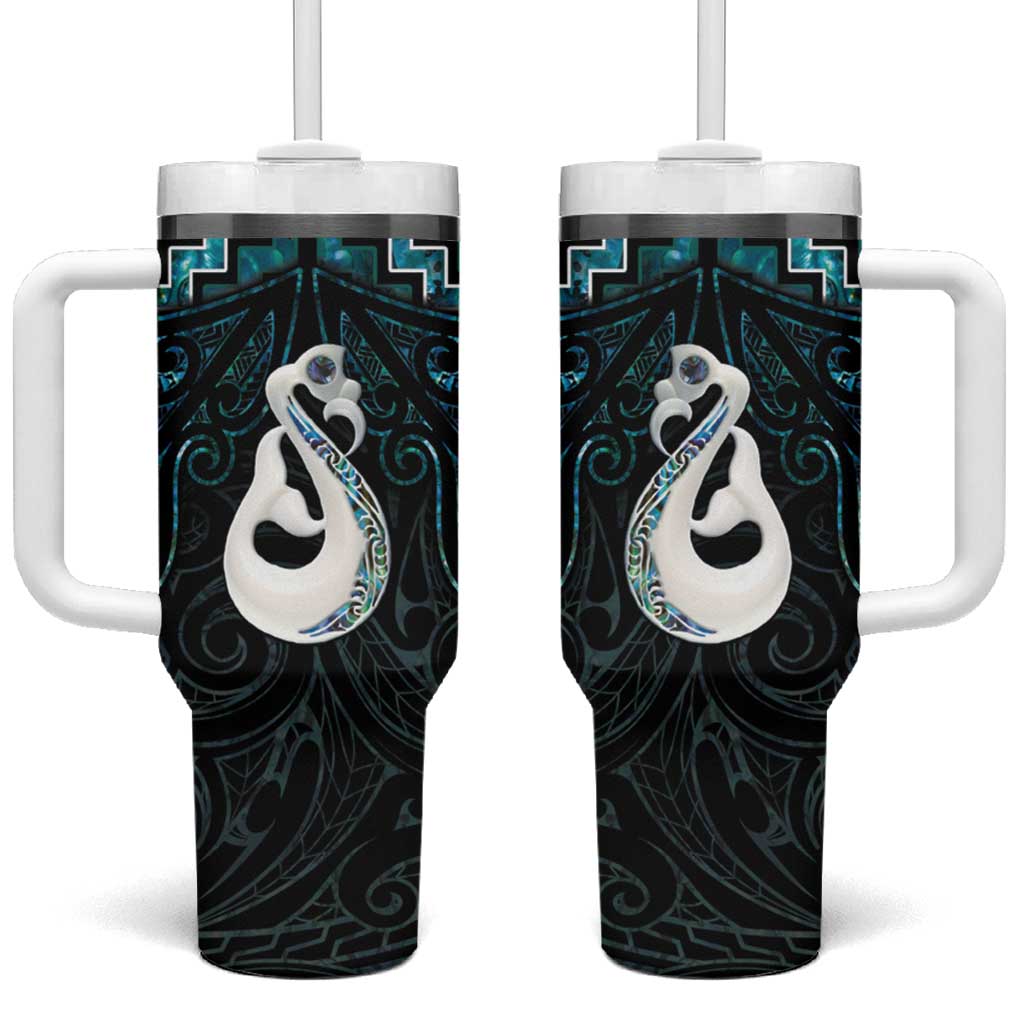 New Zealand Maori Poutama Manaia Turquoise Paua Shell Custom Stanley Quencher 40oz Stainless Steel Tumbler With Handle
