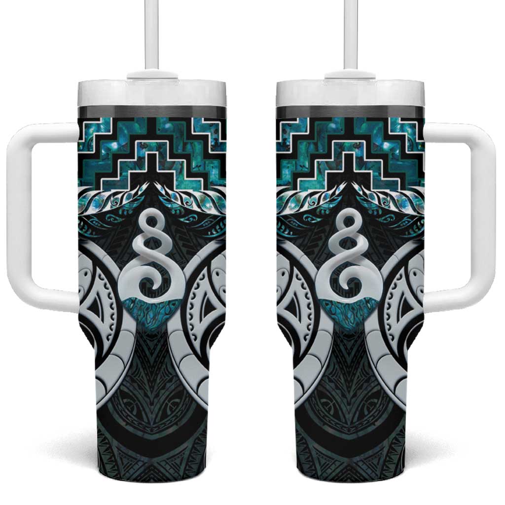 New Zealand Maori Poutama Pikorua Turquoise Paua Shell Custom Stanley Quencher 40oz Stainless Steel Tumbler With Handle