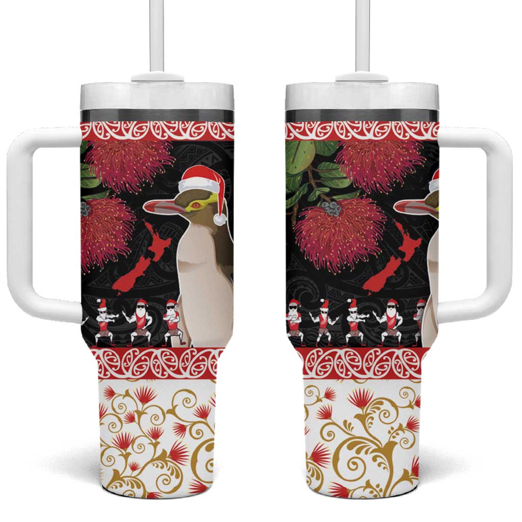New Zealand Merry Christmas Hoiho Xmas Haka Dance and Pohutukawa Custom Stanley Quencher 40oz Stainless Steel Tumbler With Handle