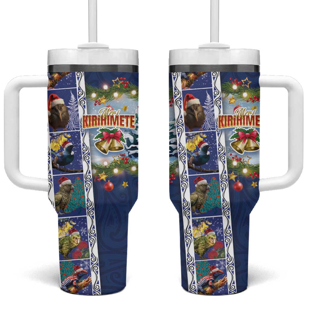 New Zealand Merry Christmas Maori Animals Xmas and Koru Tattoo Blue Color Custom Stanley Quencher 40oz Stainless Steel Tumbler With Handle