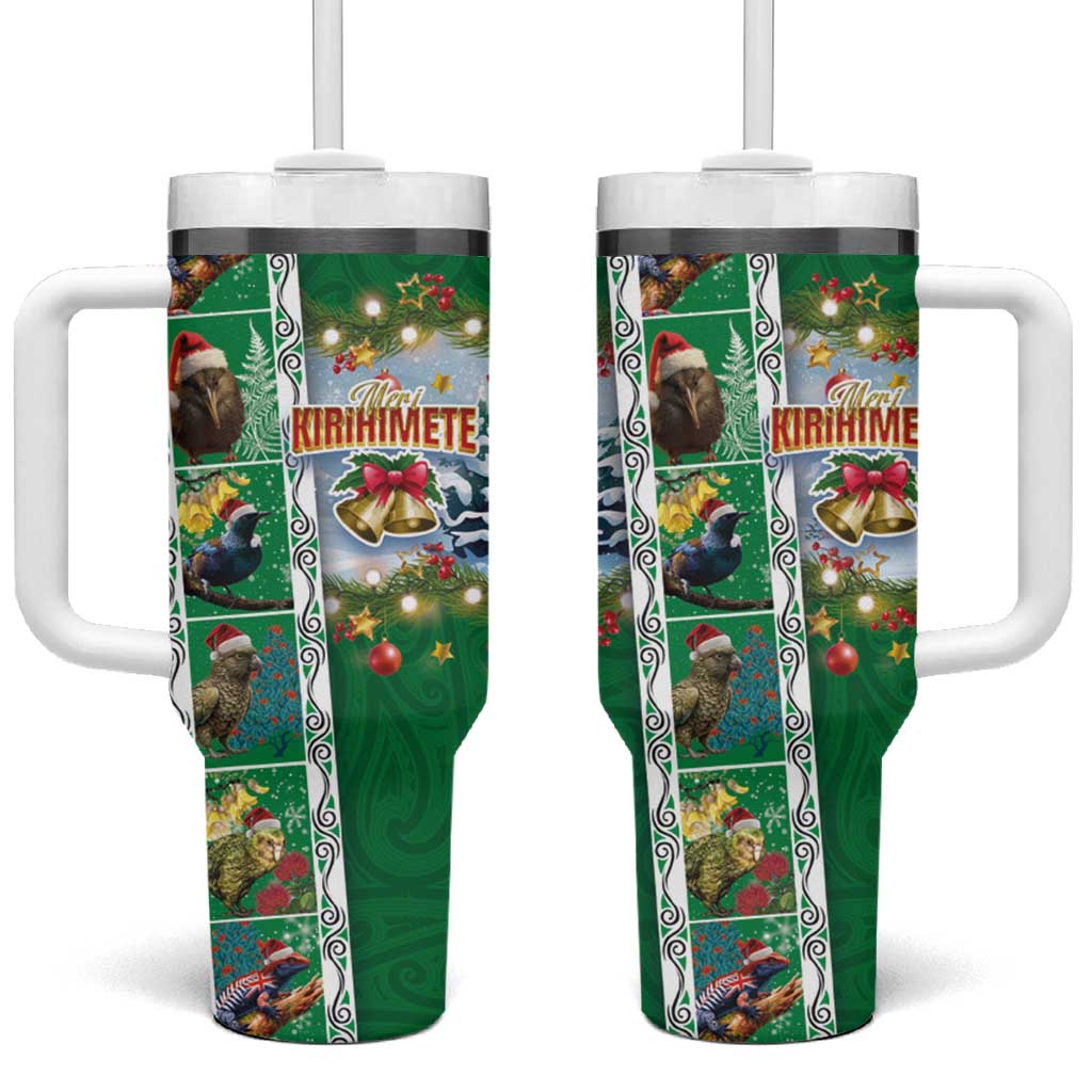 New Zealand Merry Christmas Maori Animals Xmas and Koru Tattoo Green Color Custom Stanley Quencher 40oz Stainless Steel Tumbler With Handle