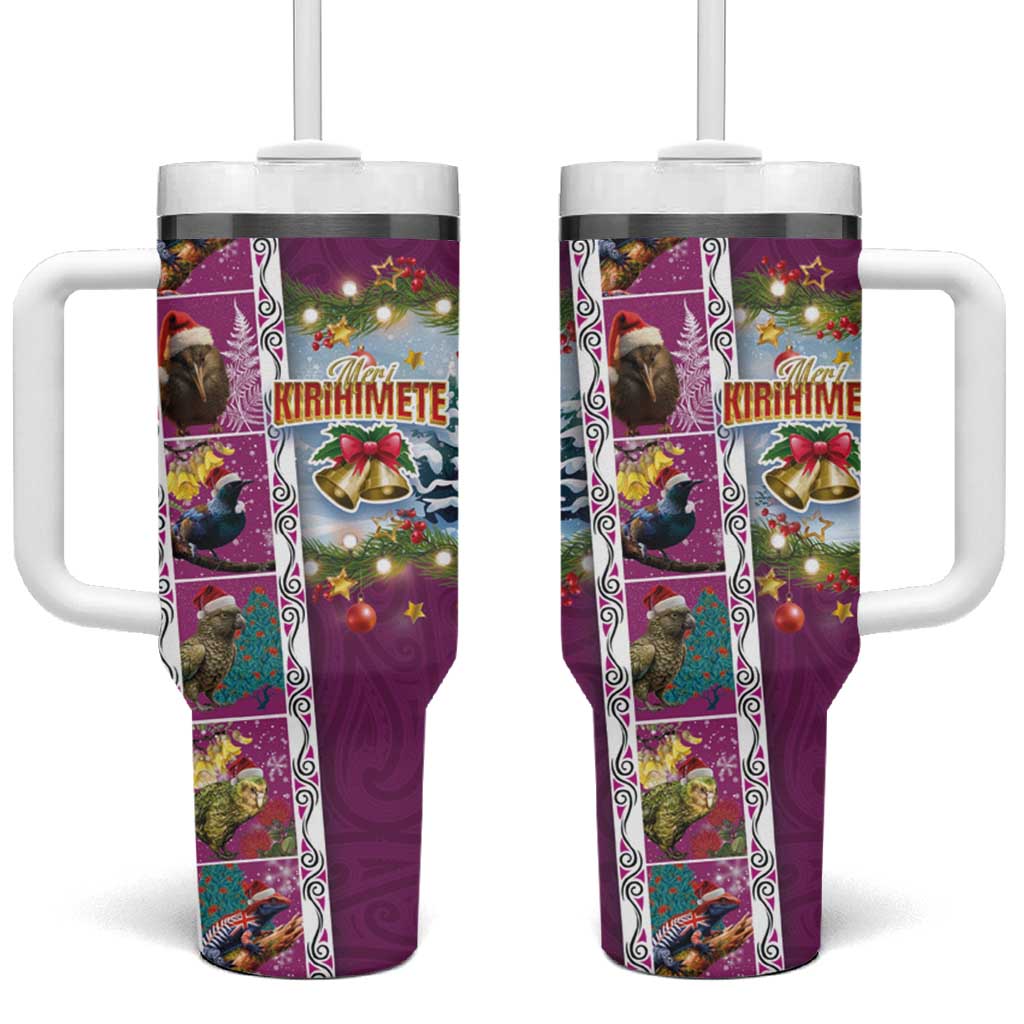 New Zealand Merry Christmas Maori Animals Xmas and Koru Tattoo Pink Color Custom Stanley Quencher 40oz Stainless Steel Tumbler With Handle