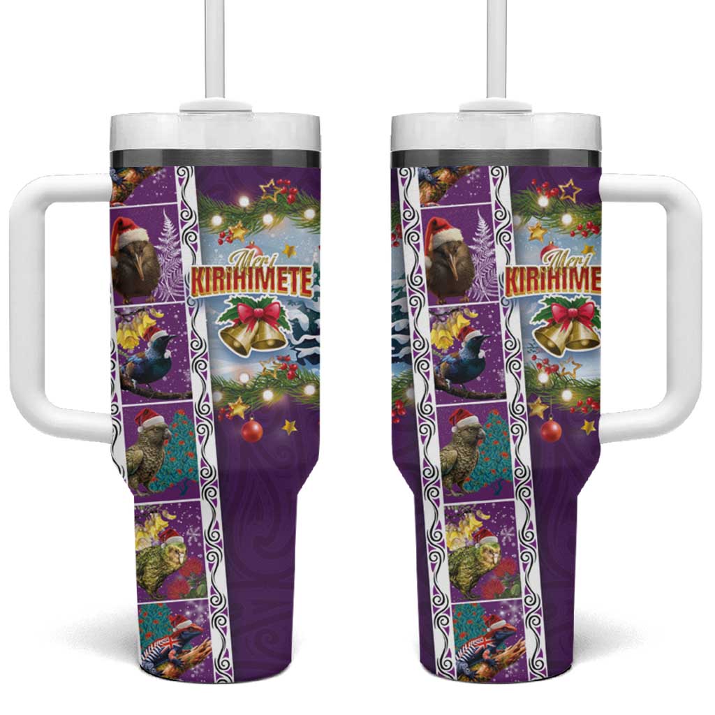 New Zealand Merry Christmas Maori Animals Xmas and Koru Tattoo Purple Color Custom Stanley Quencher 40oz Stainless Steel Tumbler With Handle