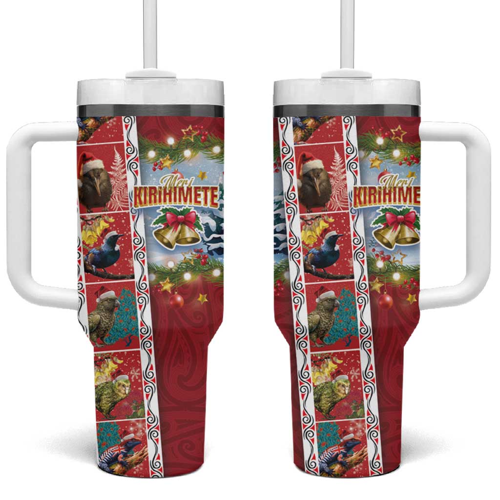 New Zealand Merry Christmas Maori Animals Xmas and Koru Tattoo Red Color Custom Stanley Quencher 40oz Stainless Steel Tumbler With Handle