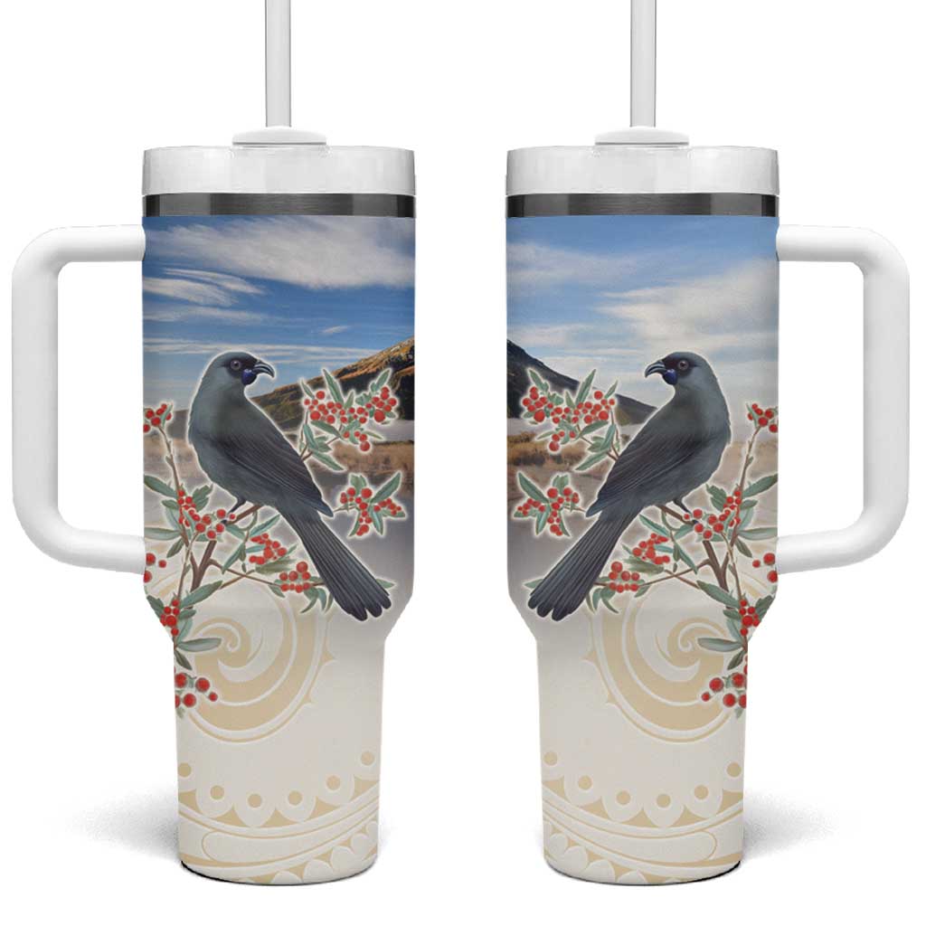 New Zealand Mount Taranaki Landscape Kokako Bird Polynesian Custom Stanley Quencher 40oz Stainless Steel Tumbler With Handle