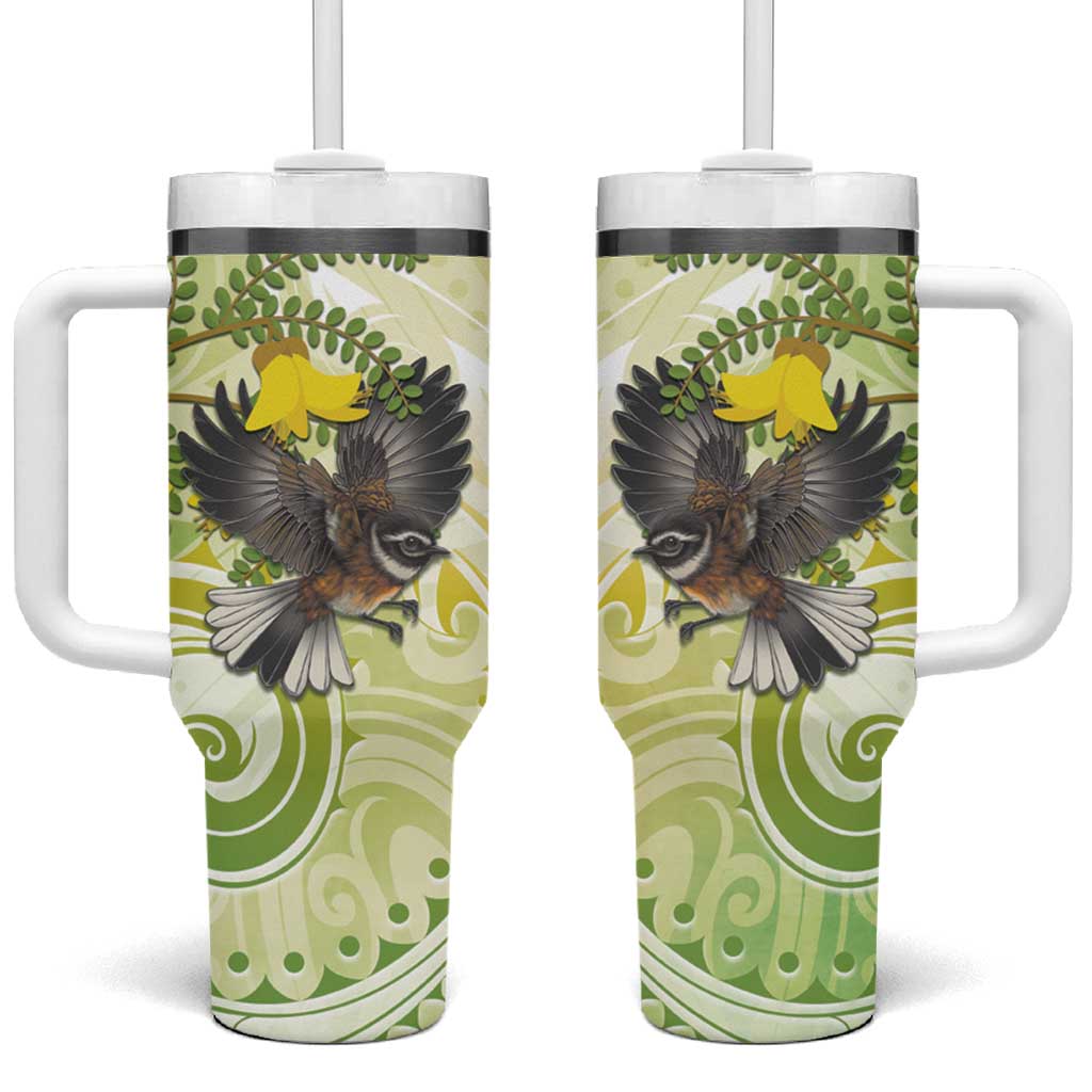 New Zealand Piwakawaka Fantail Bird With Kowhai Flowers Custom Stanley Quencher 40oz Stainless Steel Tumbler With Handle