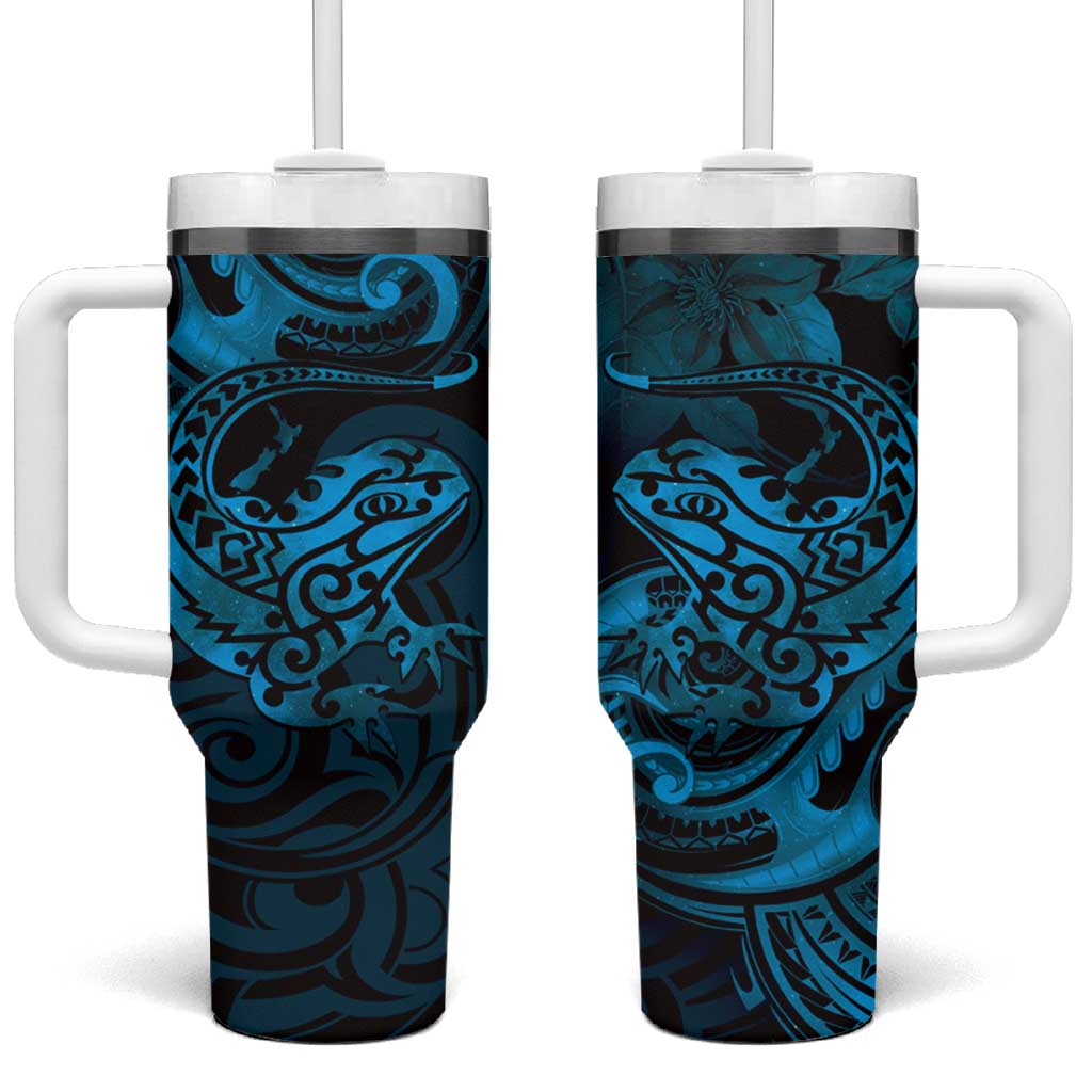 New Zealand Tuatara Aotearoa Maori Clematis Flowers Blue Custom Stanley Quencher 40oz Stainless Steel Tumbler With Handle