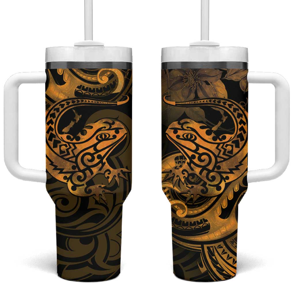 New Zealand Tuatara Aotearoa Maori Clematis Flowers Gold Custom Stanley Quencher 40oz Stainless Steel Tumbler With Handle