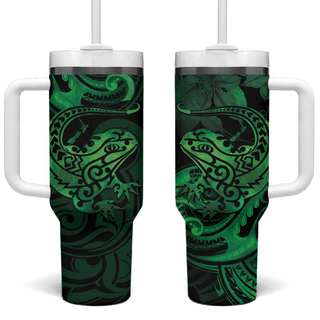 New Zealand Tuatara Aotearoa Maori Clematis Flowers Green Custom Stanley Quencher 40oz Stainless Steel Tumbler With Handle