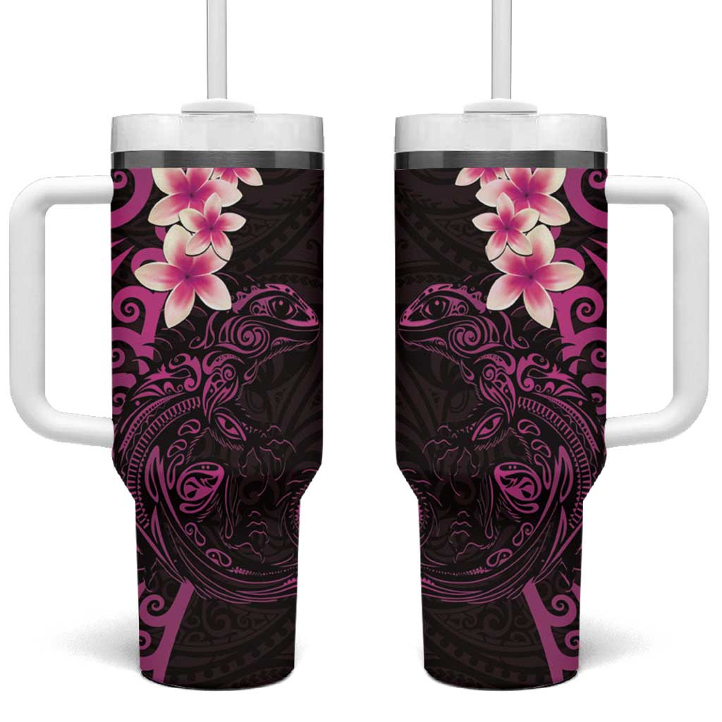 New Zealand Tuatara Plumeria Maori Pink Koru Tribal Tattoo Custom Stanley Quencher 40oz Stainless Steel Tumbler With Handle