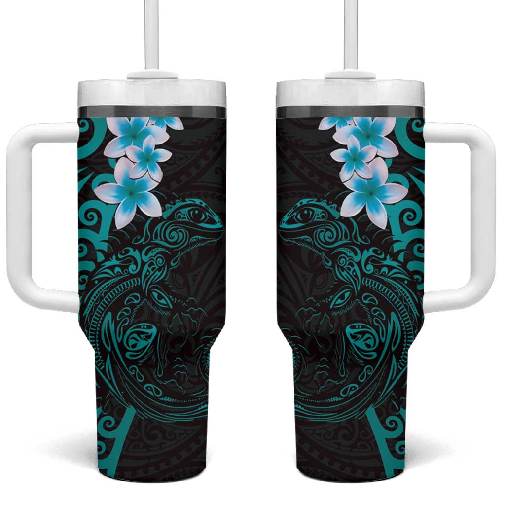 New Zealand Tuatara Plumeria Maori Teal Koru Tribal Tattoo Custom Stanley Quencher 40oz Stainless Steel Tumbler With Handle