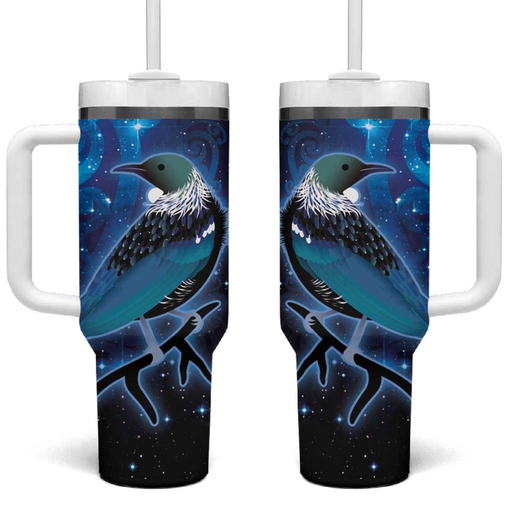 New Zealand Tui Bird The Pleiades Star Cluster and Koru Tribal Tattoo Galaxy Custom Stanley Quencher 40oz Stainless Steel Tumbler With Handle