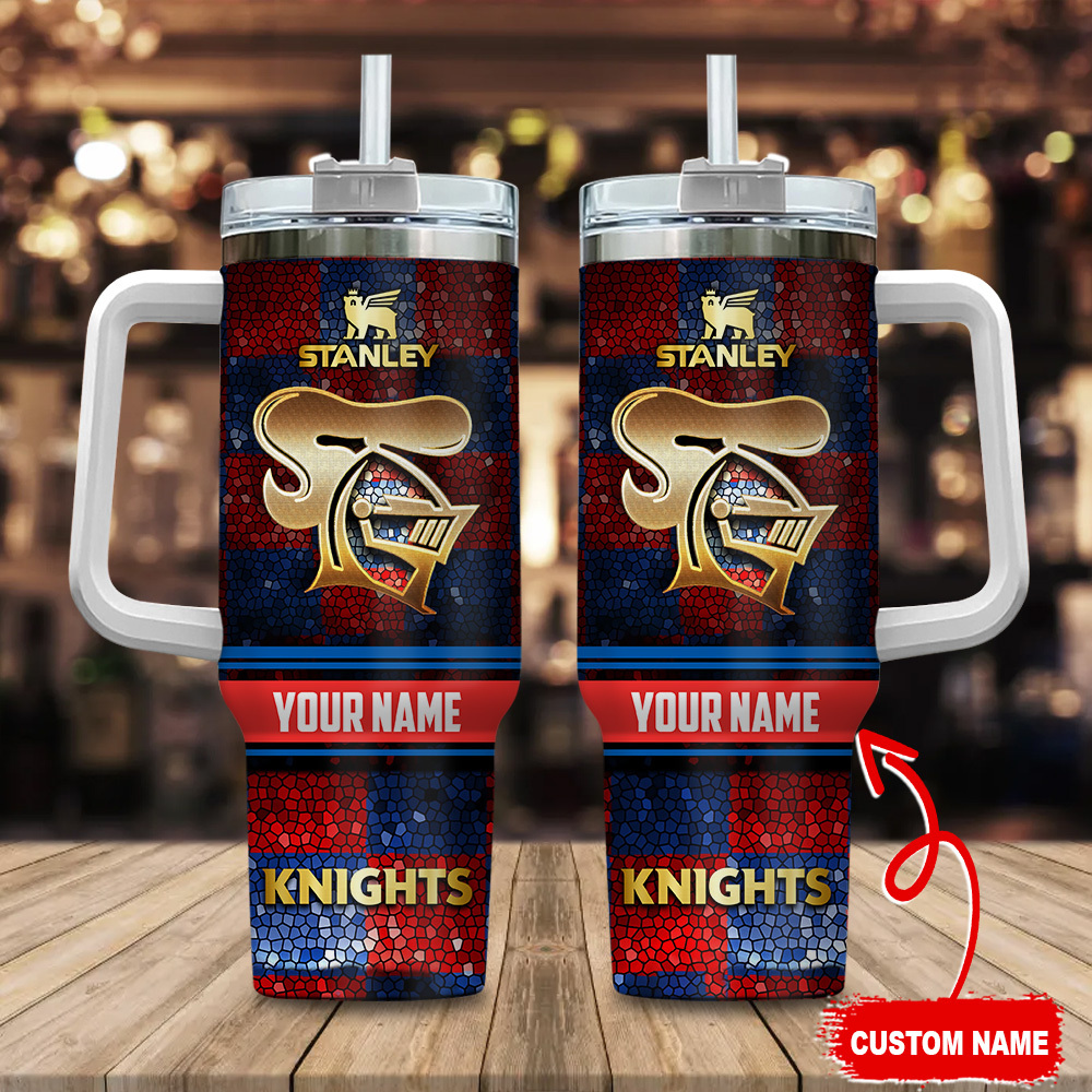 Newcastle Knights NRL Golden Logo Stained Glass Effect Custom Stanley Quencher 40oz Stainless Steel Tumbler With Handle