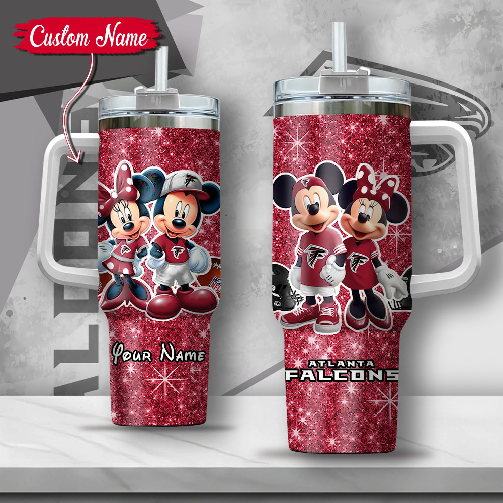 NFL Atlanta Falcons Mickey And Minnie Couple Custom Stanley Quencher 40oz Stainless Steel Tumbler With Handle