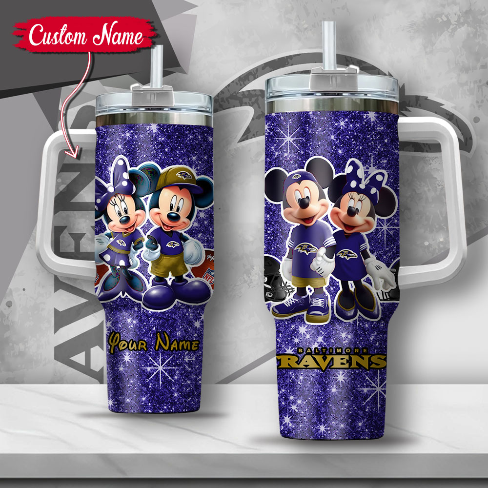 NFL Baltimore Ravens Mickey And Minnie Couple Custom Stanley Quencher 40oz Stainless Steel Tumbler With Handle