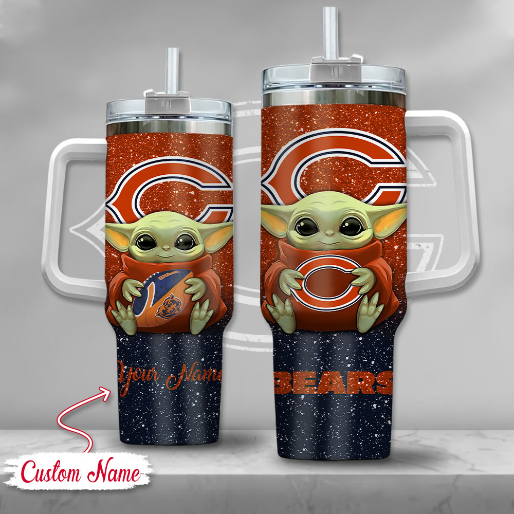 NFL Chicago Bears Baby Yoda Custom Stanley Quencher 40oz Stainless Steel Tumbler With Handle