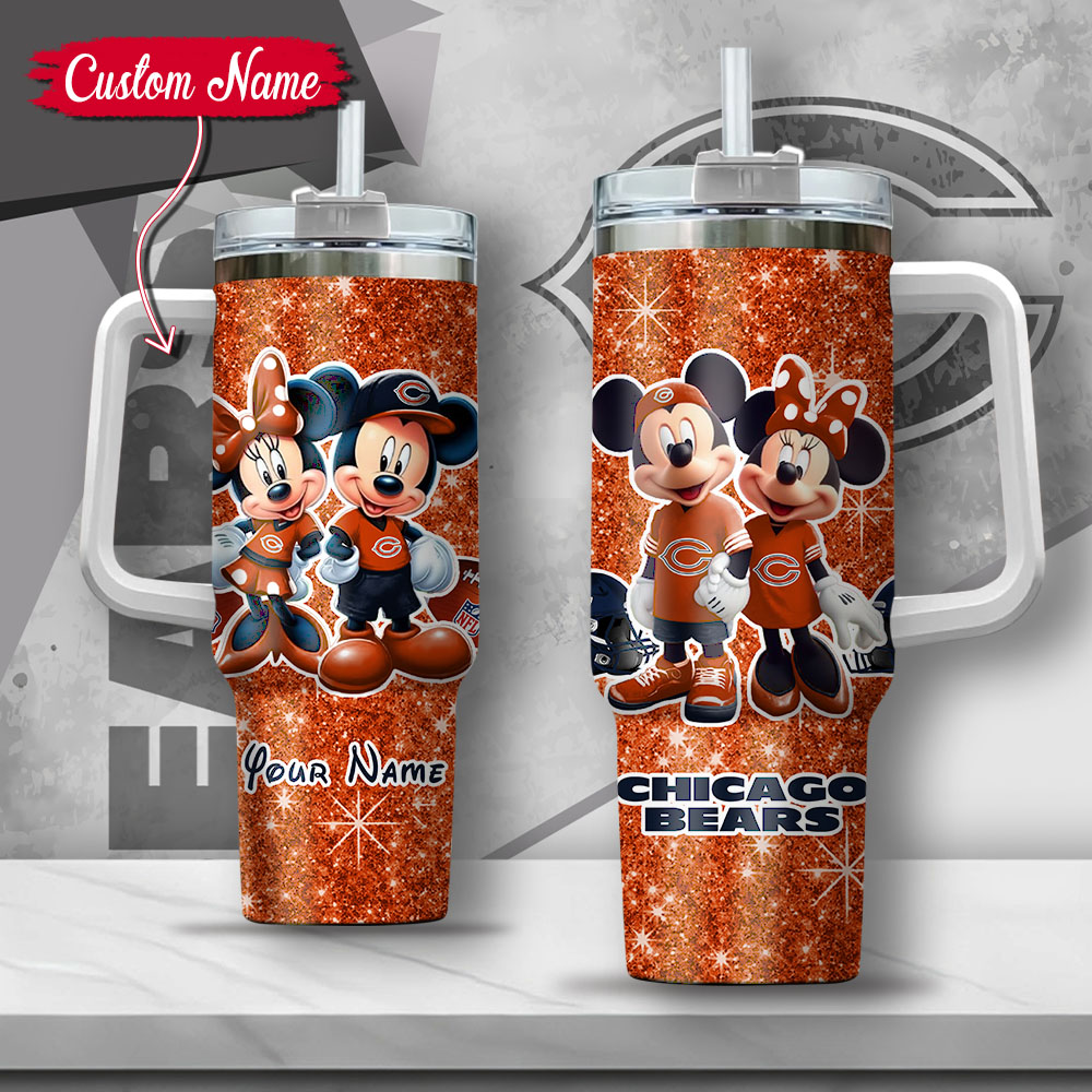 NFL Chicago Bears Mickey And Minnie Couple Custom Stanley Quencher 40oz Stainless Steel Tumbler With Handle
