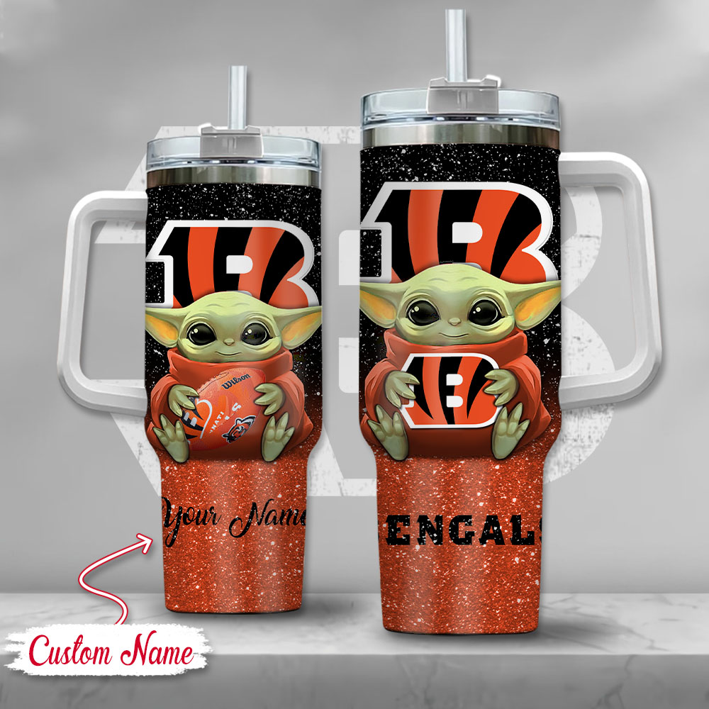 NFL Cincinnati Bengals Baby Yoda Custom Stanley Quencher 40oz Stainless Steel Tumbler With Handle