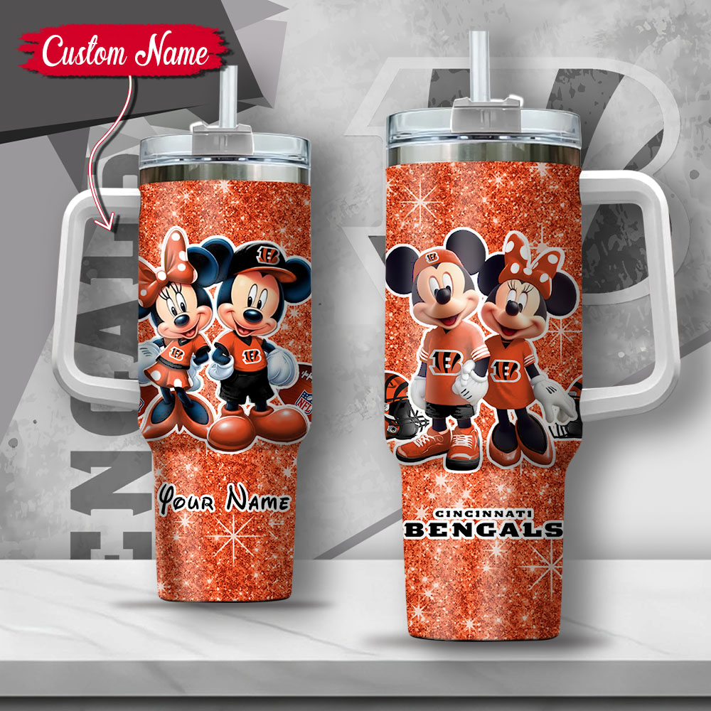 NFL Cincinnati Bengals Mickey And Minnie Couple Custom Stanley Quencher 40oz Stainless Steel Tumbler With Handle