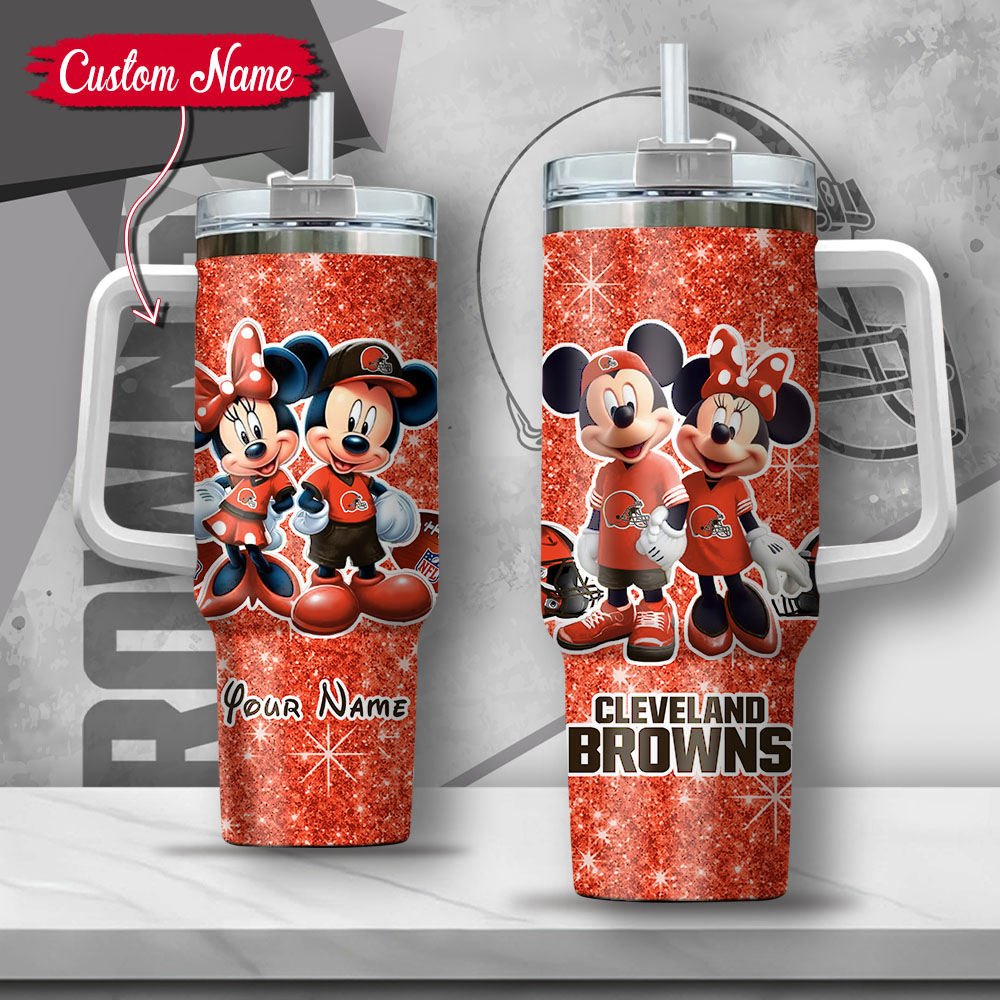 NFL Cleveland Browns Mickey And Minnie Couple Custom Stanley Quencher 40oz Stainless Steel Tumbler With Handle