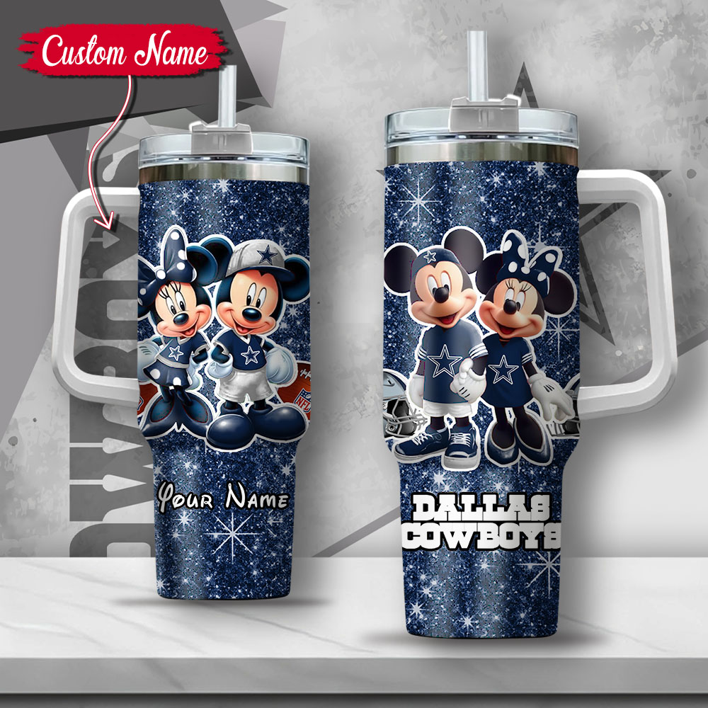 NFL Dallas Cowboys Mickey And Minnie Couple Custom Stanley Quencher 40oz Stainless Steel Tumbler With Handle