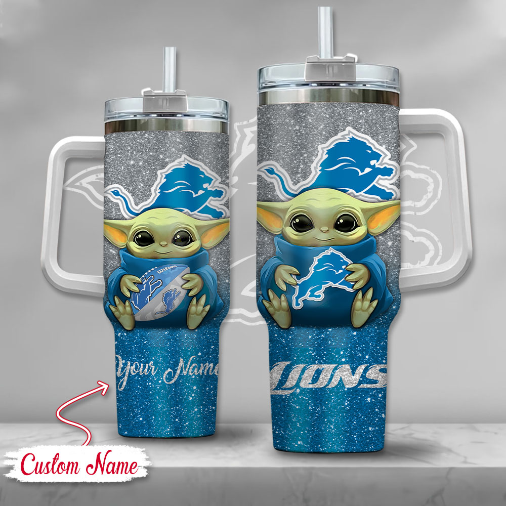 NFL Detroit Lions Baby Yoda Custom Stanley Quencher 40oz Stainless Steel Tumbler With Handle
