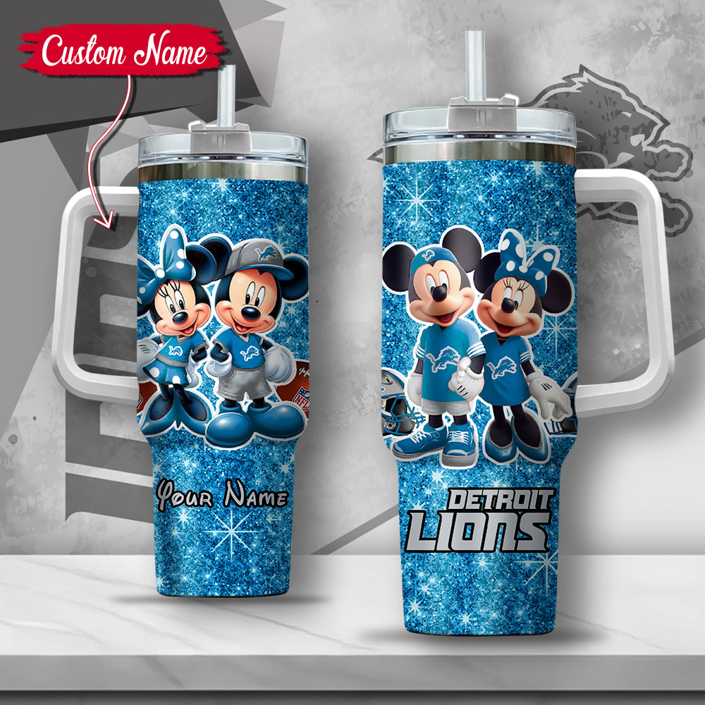 NFL Detroit Lions Mickey And Minnie Couple Custom Stanley Quencher 40oz Stainless Steel Tumbler With Handle