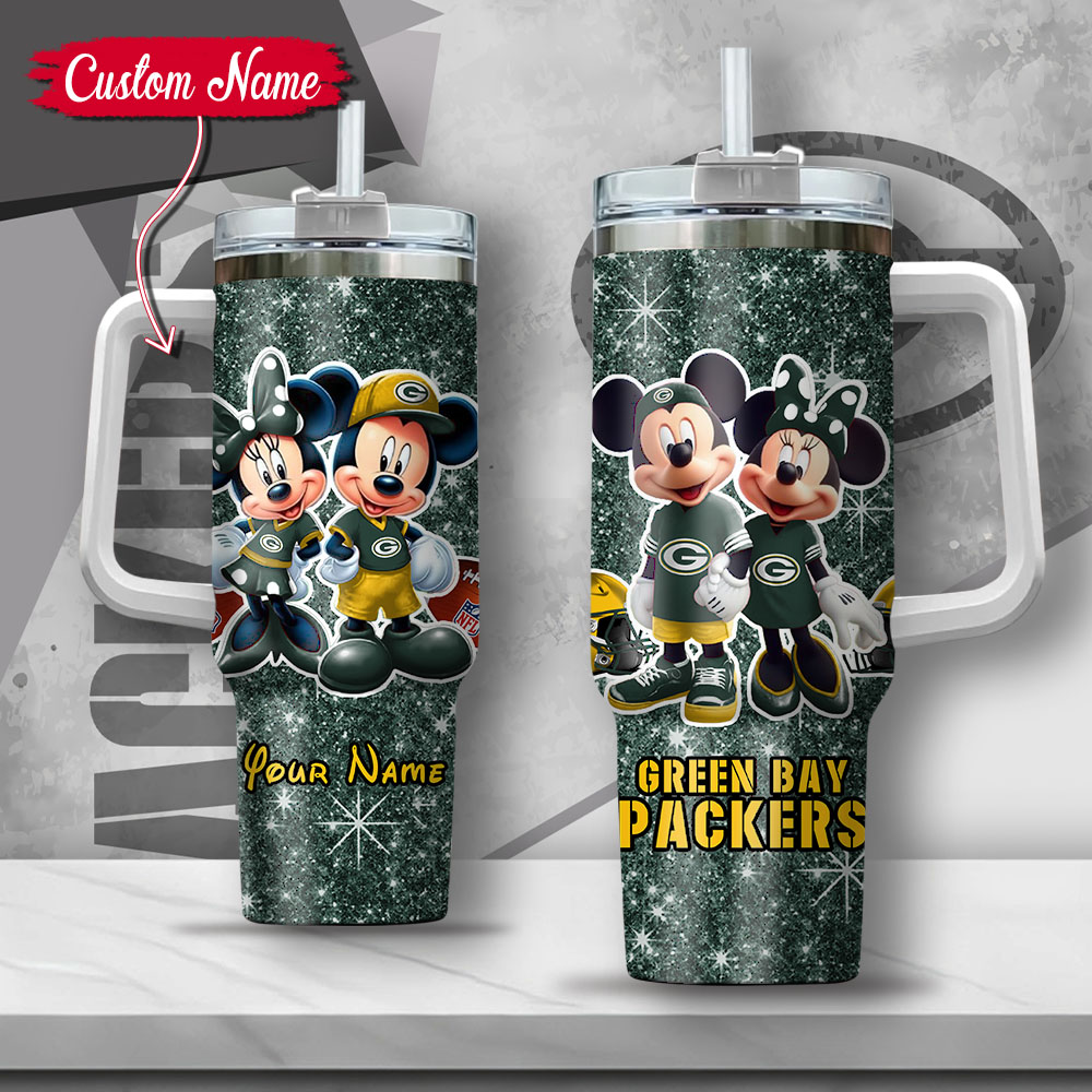 NFL Green Bay Packers Mickey And Minnie Couple Custom Stanley Quencher 40oz Stainless Steel Tumbler With Handle